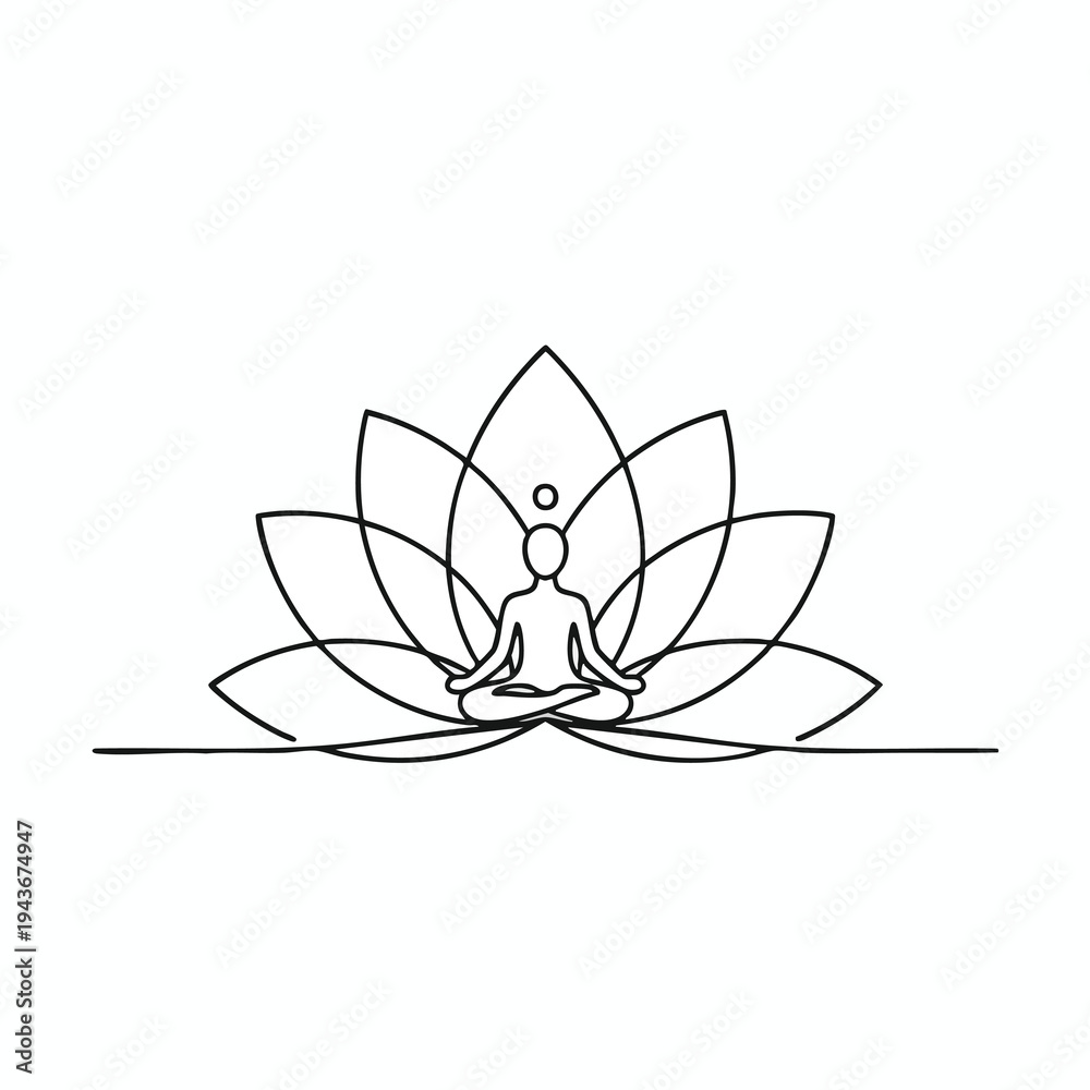 Fototapeta premium Minimalist outline of a person in lotus pose within a blooming lotus flower