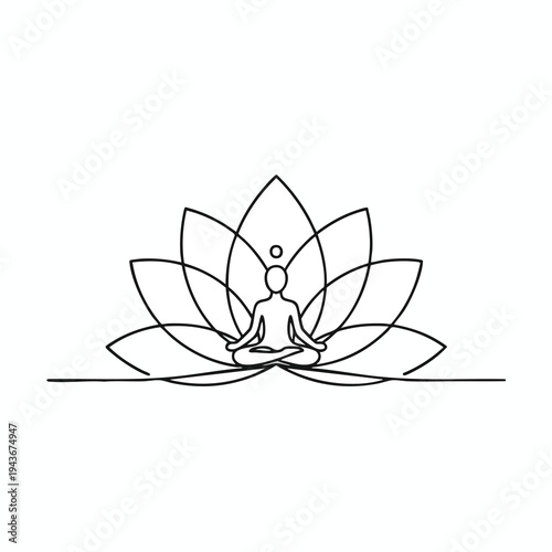 Minimalist outline of a person in lotus pose within a blooming lotus flower