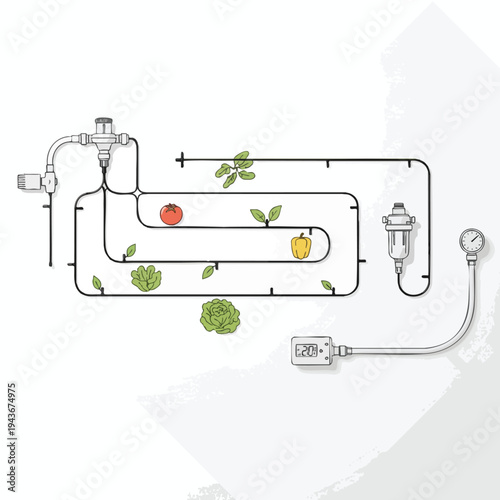Hydroponic system with tomato, lettuce, bell pepper, filter, gauge, and timer