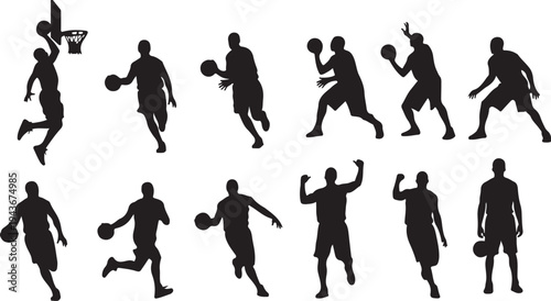 set of basketball player silhouettes black vector isolated on white background