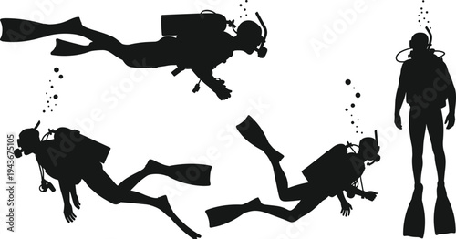 Silhouette illustration of scuba divers underwater, swimming with fins, oxygen tanks, bubbles rising, diving activity concept, marine exploration inspiration