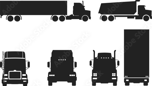 Truck silhouette commercial vehicle illustration, semi trailer dump truck front rear views transport logistics concept, cad drawing flat vector illustrati