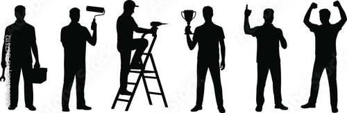 Silhouette illustration of workers and achievers in different poses, mechanic, painter, construction, success celebration, victory concept, teamwork inspiration