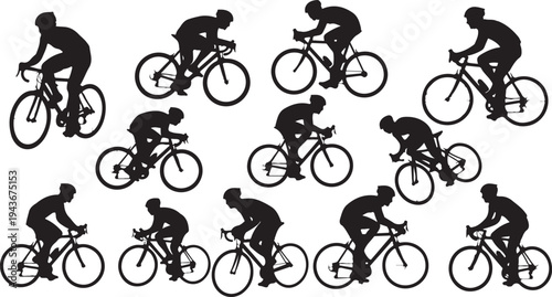 set of cyclist silhouettes black vector isolated on white background