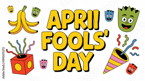 Colorful april fools' day graphics with banana party horn and jack in the box on white