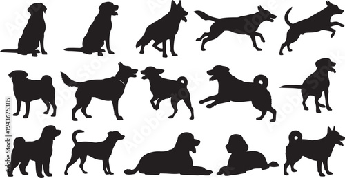 set of dog poses silhouettes black vector isolated on white background