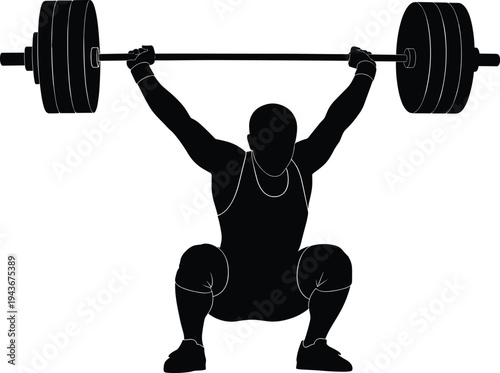 Silhouette of weightlifter in deep squat holding heavy barbell, gym power training, cad drawing flat vector illustration