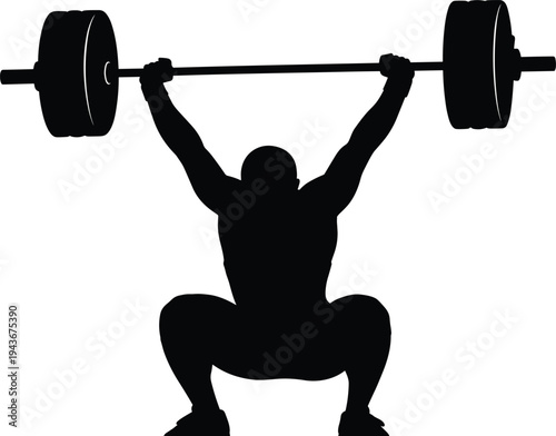 Silhouette of weightlifter lifting heavy barbell overhead, strong athlete workout for gym fitness, cad drawing flat vector illustration