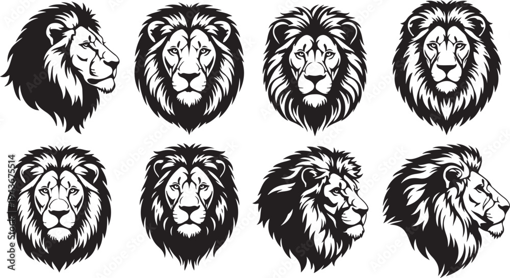 Obraz premium set of lion head silhouettes black vector isolated on white background.