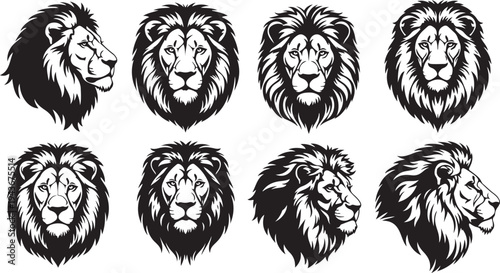 set of lion head silhouettes black vector isolated on white background.