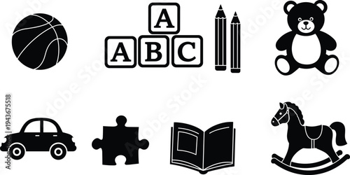 Black and white children's toys icons set – basketball, ABC blocks, pencils, teddy bear, car, puzzle piece, book, rocking horse