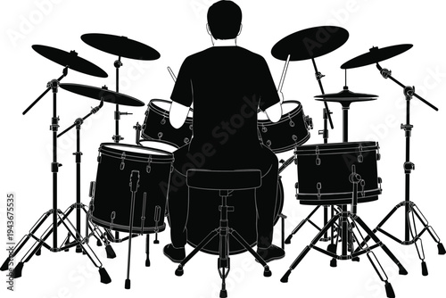 Drummer playing drum set silhouette, percussion musician illustration, black and white vector art, music band instrument design, cad drawing flat vector illustration