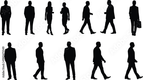 Business people silhouettes, professional man and woman walking or standing, corporate dress vector illustration, office worker black shadow figures