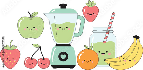 Cute Fruit Smoothie Blender Vector Illustration with Kawaii Apple Strawberry Banana Orange and Healthy Green Juice