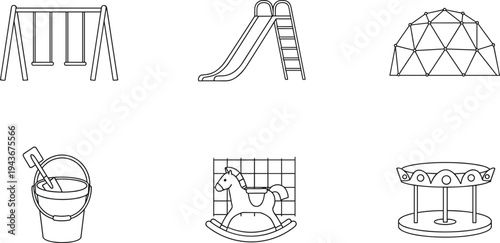 Black and white playground and toys icons – swing, slide, climbing dome, sand bucket with shovel, rocking horse, merry-go-round
