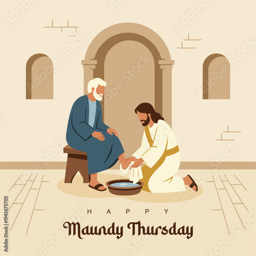 jesus washing feet on maundy thursday vector illustration 