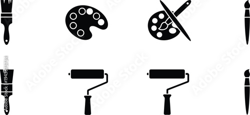 Painting and art tools icon set – brushes, paint rollers, palettes, artist brush silhouettes for creative, DIY, and design projects