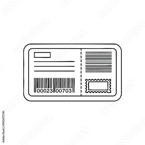 Outline of a ticket with barcode, stamp, and perforated line