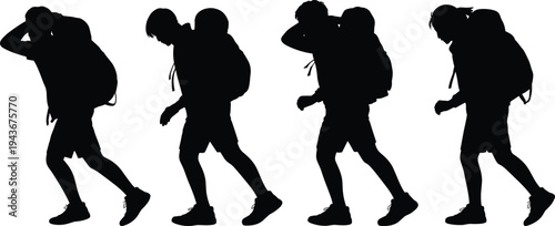 Walking person silhouette backpack illustration, four figures different postures motion sequence outdoor travel concept, cad drawing flat vector illustration design