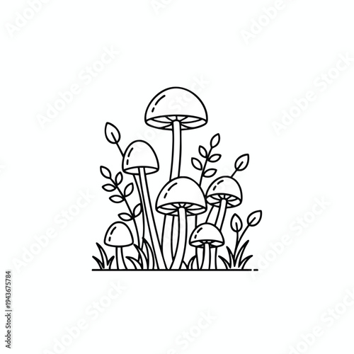 A minimalist line drawing depicts a cluster of mushrooms and leaves on a white background