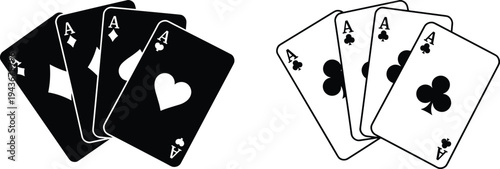 Set of four aces playing cards icons – black and white silhouette and outline poker cards, gambling and casino vector symbols