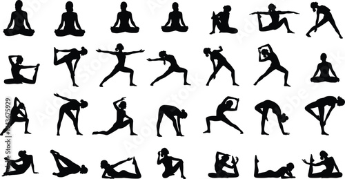 Set of yoga poses silhouettes collection women stretching and meditation exercises fitness background cad drawing flat vector illustration