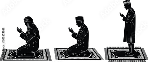 Muslim man and woman silhouette vector set praying on mats including standing and kneeling positions for Ramadan Kareem, Eid Mubarak, and Islamic religious concepts.