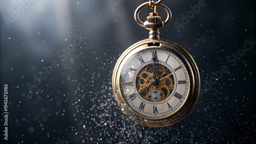 A vintage pocket watch suspended in soft light and drifting particles symbolizes the passage of time, nostalgia, and the beauty of fleeting moments.