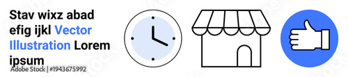 Time management, small business, customer satisfaction, productivity, ecommerce, retail success. Clock, storefront and thumbs-up graphic. Time management and small business theme