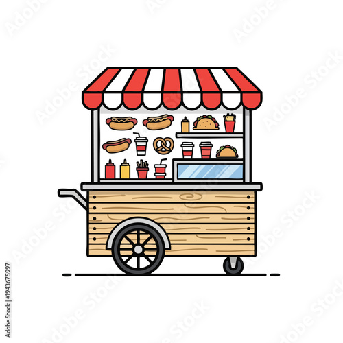 Wooden cart selling hot dogs, tacos, pretzels, drinks, and fries