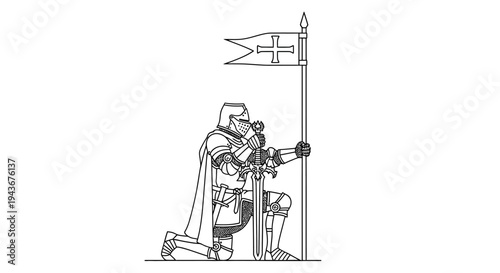 Kneeling Knight with Sword and Crusader Flag, Medieval Warrior, Historical Illustration