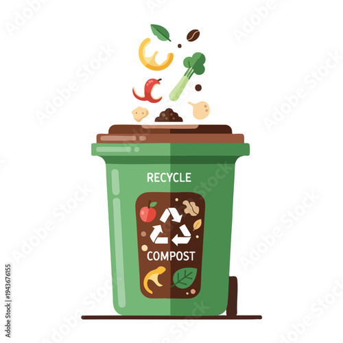 Green composting bin with food scraps falling into it and recycling symbols