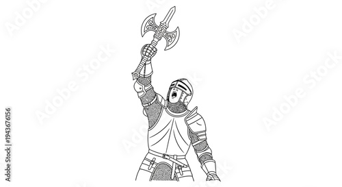 Knight in Armor Raises Battle Axe in Victory Pose, Medieval Warrior, Fantasy Art