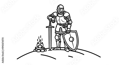 Knight in Armor with Sword and Shield by Campfire