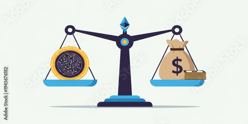 Cryptocurrency and Traditional Finance Balance Concept with Digital Coin, Dollar Money Bag, Blockchain Technology and Investment Comparison Symbol for Modern Financial Economy