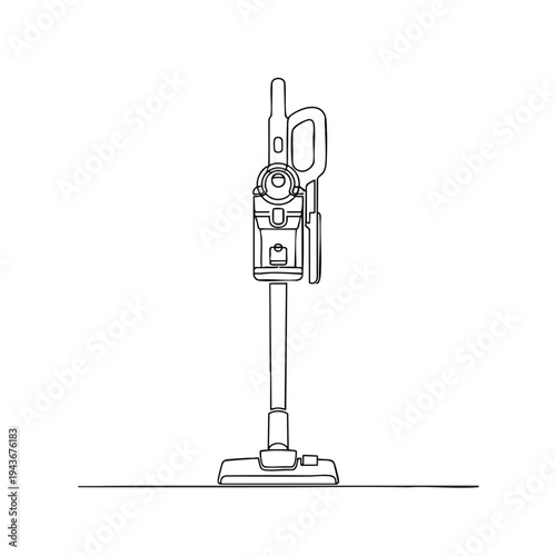 A minimalist line drawing of a cordless stick vacuum cleaner on a white background