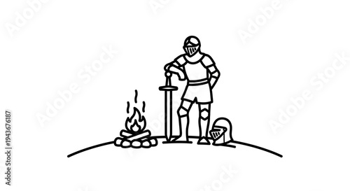 Knight Resting by Campfire with Sword and Helmet