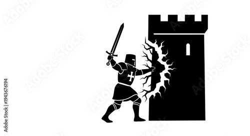 Knight with Sword Attacking Castle Wall, Medieval Battle Scene, Historical Combat