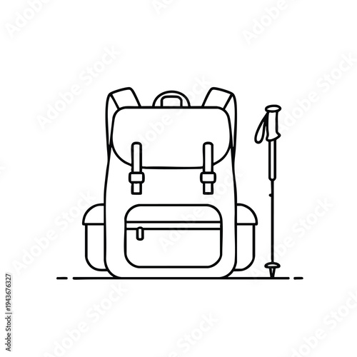 Minimalist line art depicts a backpack and a single hiking pole