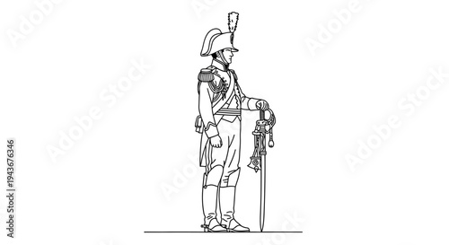Line Drawing of a Napoleonic Era Soldier in Uniform with Sword