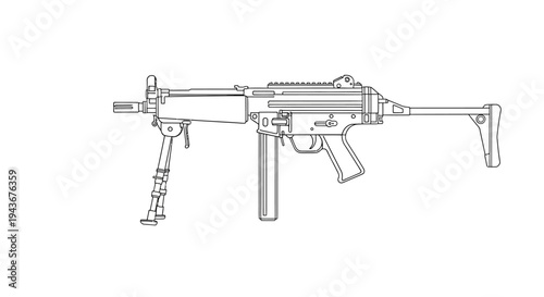 Line Drawing of a Submachine Gun with Bipod and Stock