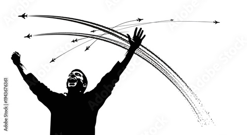 Man celebrating success with airplanes flying in formation leaving contrails