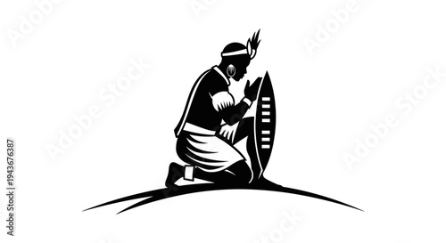 Maasai Warrior Kneeling with Shield, Traditional African Culture, Kenya