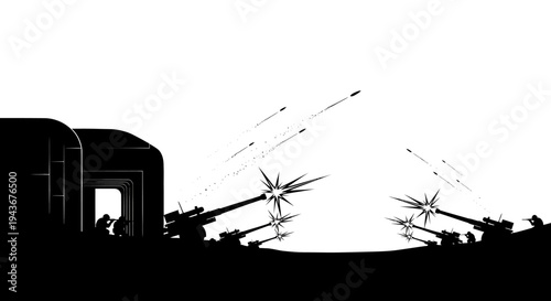 Military artillery firing missiles in silhouette against bright sky, war concept