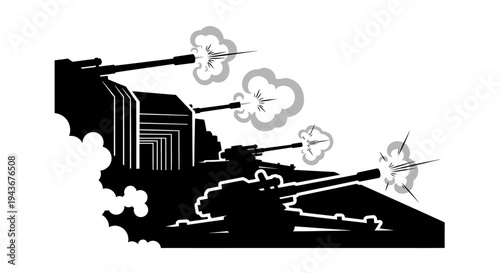 Military artillery firing cannons, smoke and explosions, war scene, black and white graphic