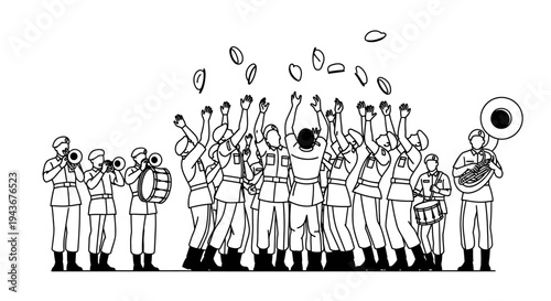 Military Band Celebrates Victory with Confetti Toss and Cheers