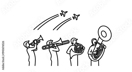 Military band plays patriotic music with fighter jets flying overhead