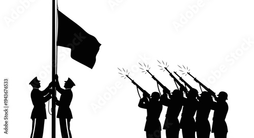 Military Ceremony: Flag Raising and Salute with Firing Squad Silhouette
