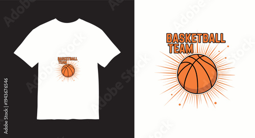 Basketball team graphic t-shirt design with ball and orange sunburst rays background