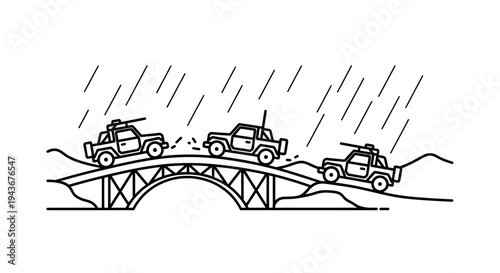 Military convoy crossing a bridge in heavy rain, off-road vehicles, danger, adventure